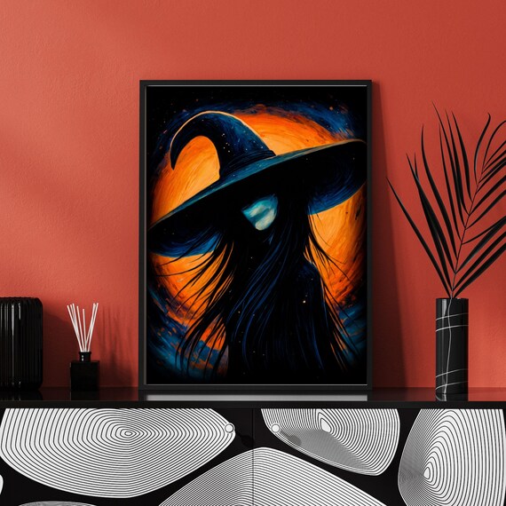 Gothic Witch Silhouette In Wide Brim Hat Against Orange Moon Fantasy Art Print