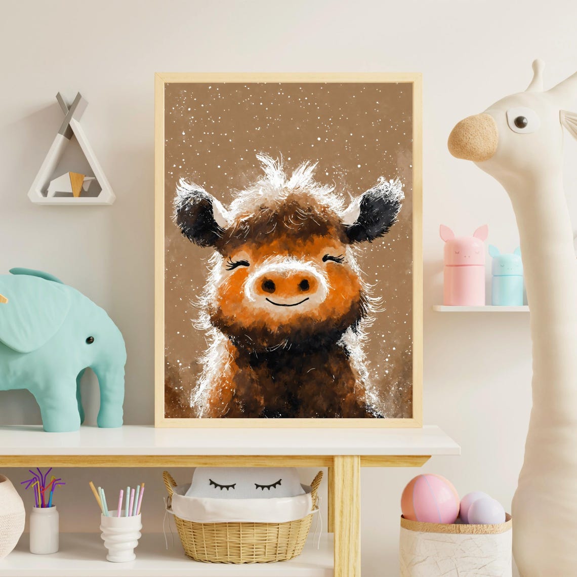 Fluffy Highland Cow Smiling Portrait Rustic Brown Cow Animal Poster