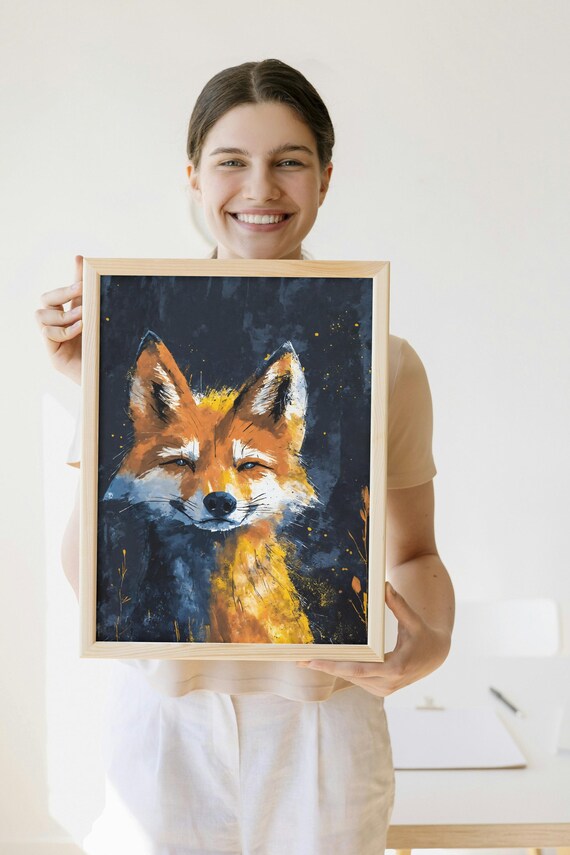 Red Fox Portrait On Dark Blue Background Wildlife Forest Art Poster