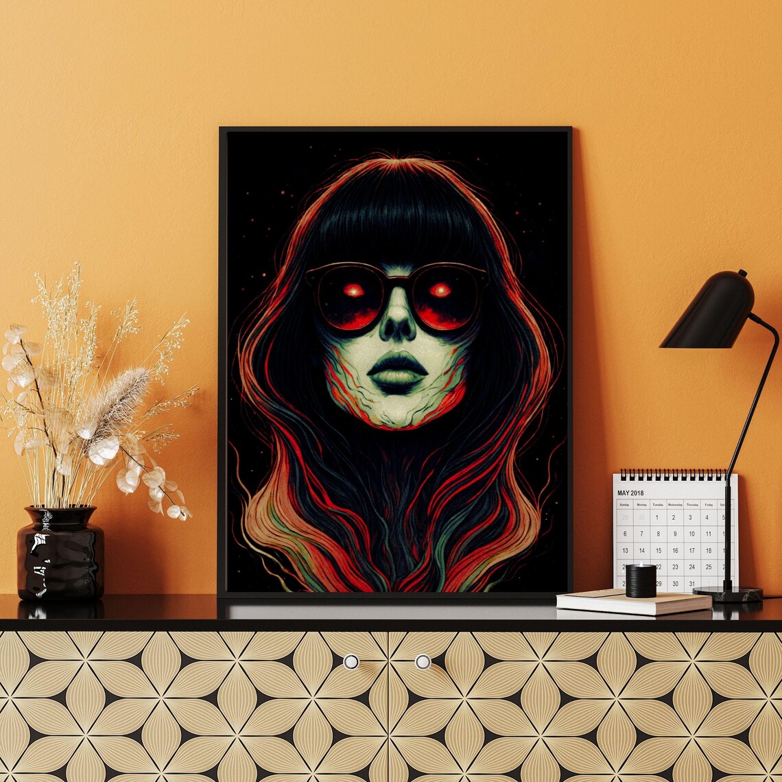 Zombie Glam Portrait Iridescent Skin Red Glow Sunglasses Gothic Art Print