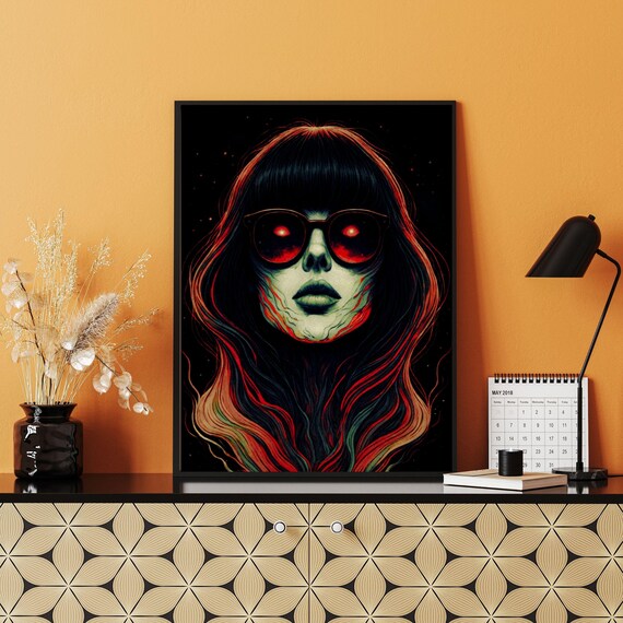 Zombie Glam Portrait Iridescent Skin Red Glow Sunglasses Gothic Art Print