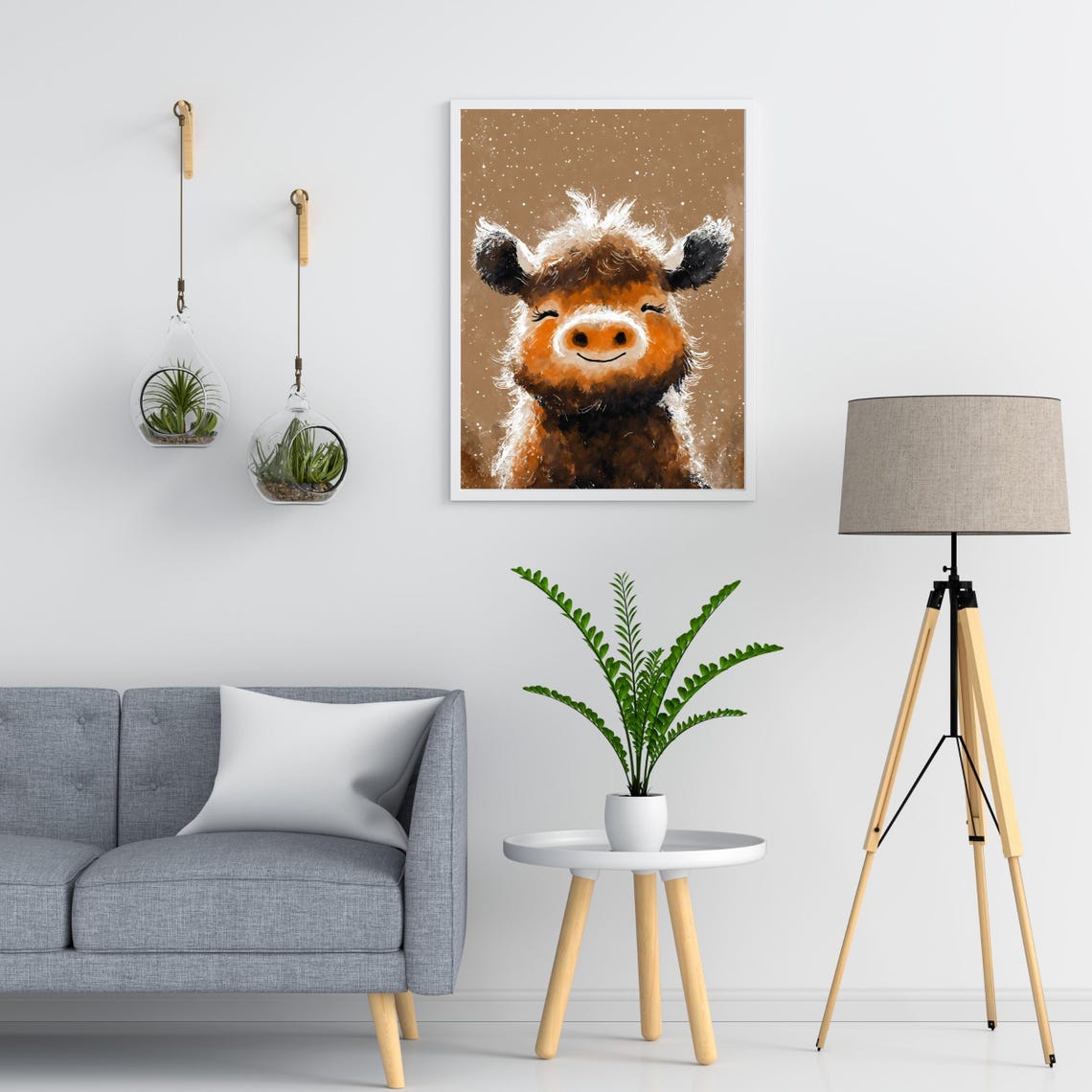 Fluffy Highland Cow Art Print Happy Cow Portrait Farm Animal Wall Art Kids Room Decor Rustic Bull Nursery Art Playroom Art 8x10 24x36 - Image 4