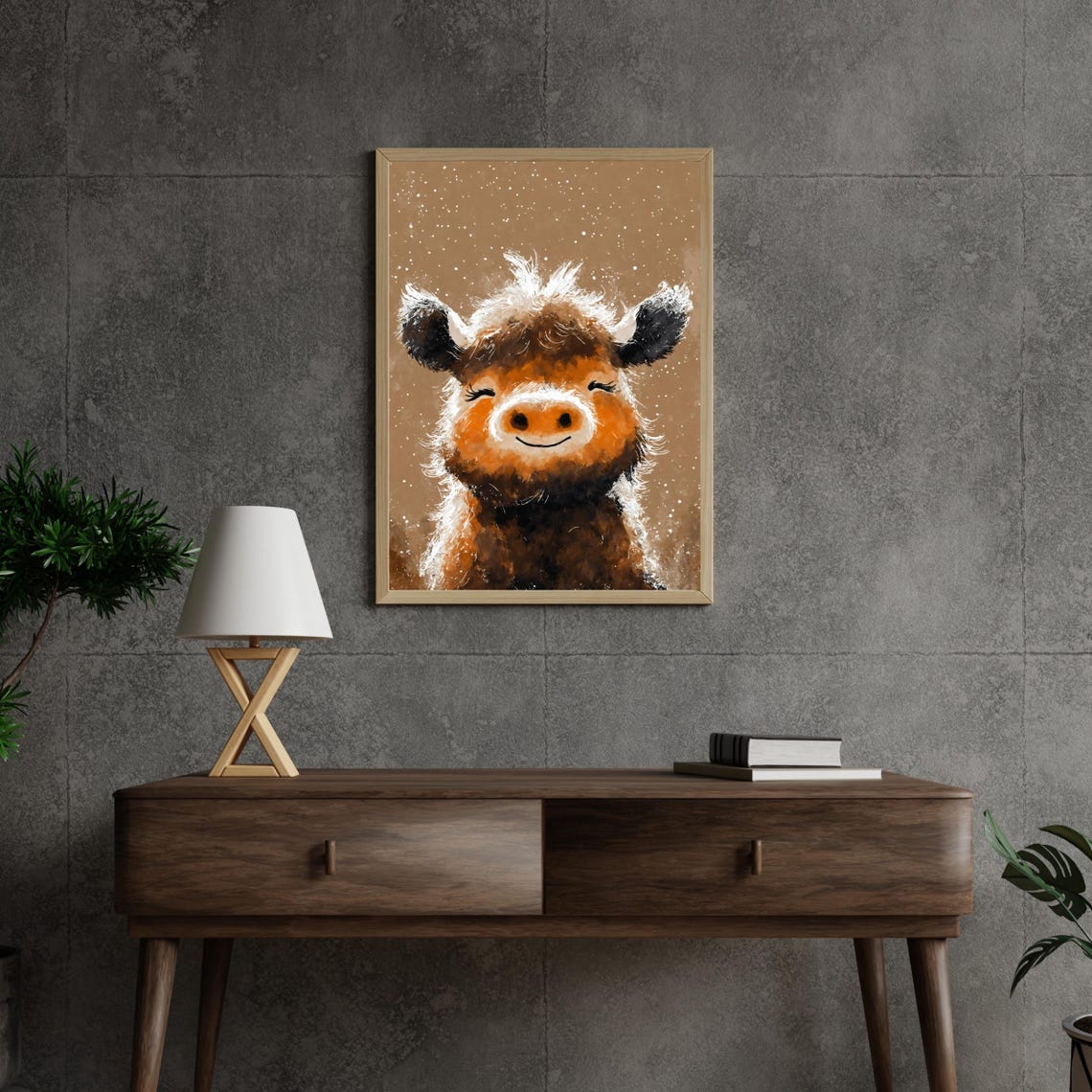 Fluffy Highland Cow Smiling Portrait Rustic Brown Cow Animal Poster - Image 3