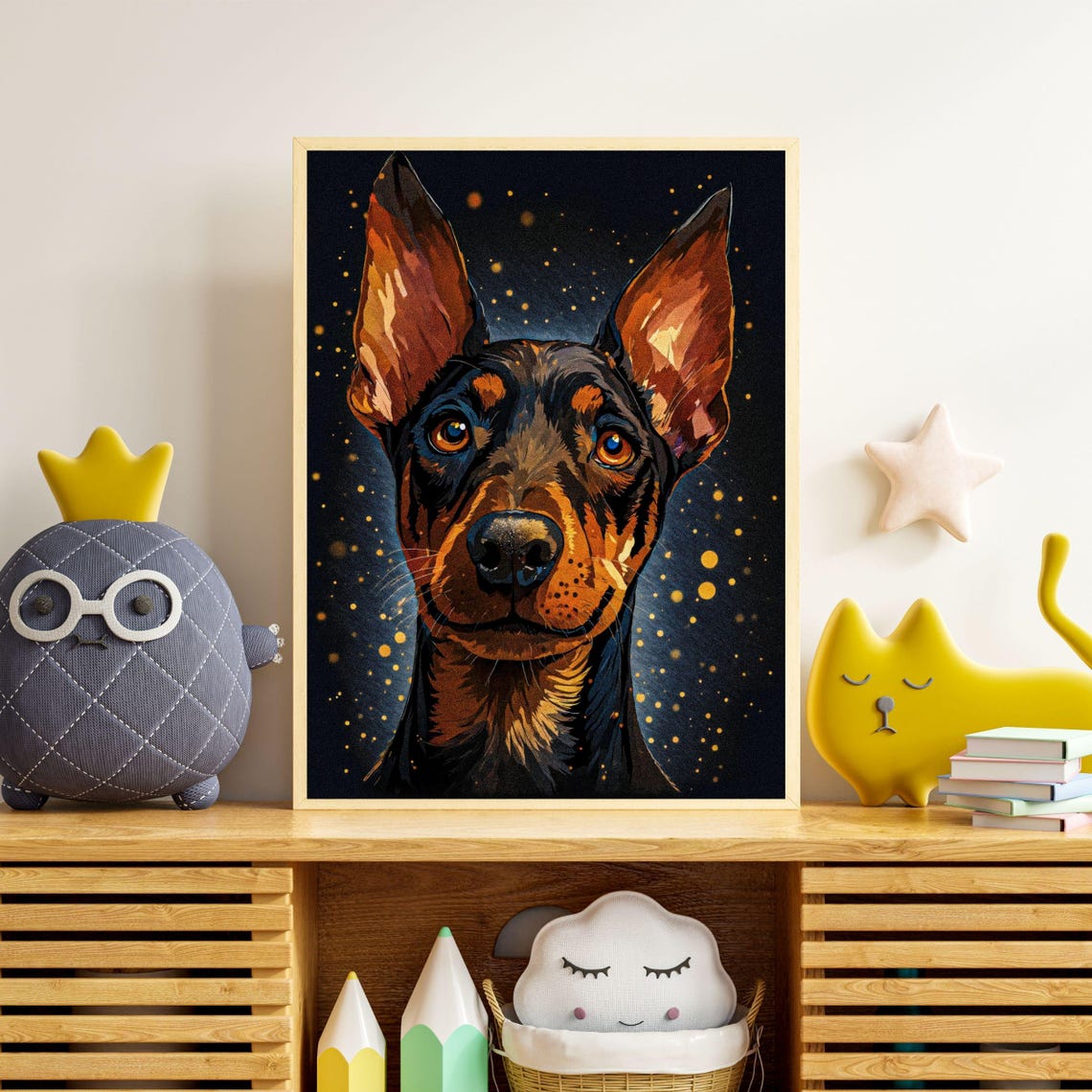Doberman Pinscher Portrait Starry Night Black and Tan Wall Art