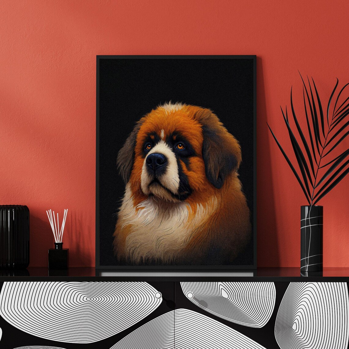 St Bernard Puppy Gentle Giant Dog Portrait Black Background Poster - Image 5