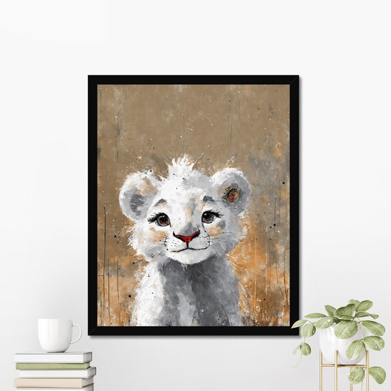 Adorable White Lion Cub Portrait Watercolor Safari Nursery Poster