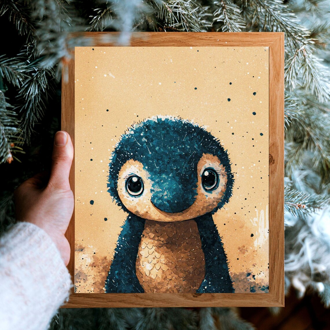 Adorable Baby Penguin Big Eyes Tan Splatter Nursery Animal Wall Art