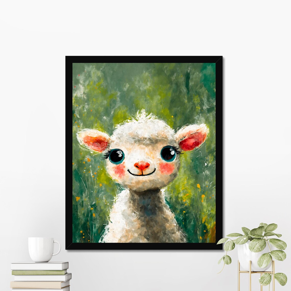 Adorable White Lamb Big Eyes Portrait Green Meadow Nursery Poster