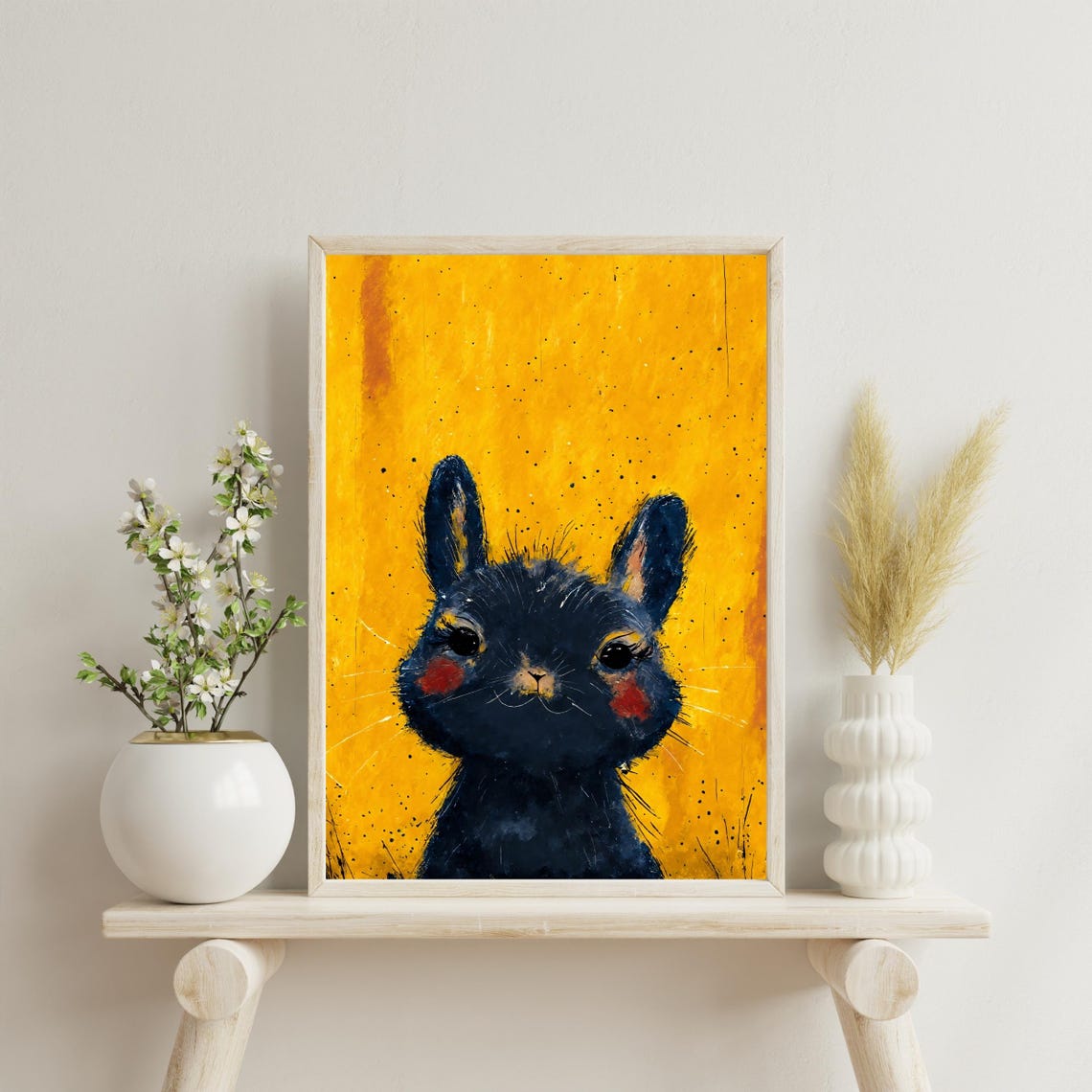 Cute Black Baby Bunny Watercolor Portrait Rosy Cheeks Yellow Art Print - Image 4