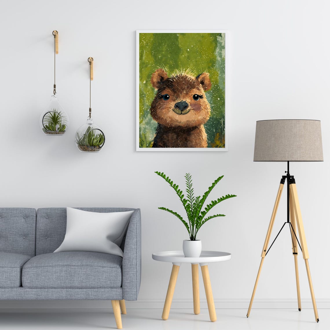 Cute Baby Capybara Watercolor Portrait Green Jungle Nursery Art Print - Image 3