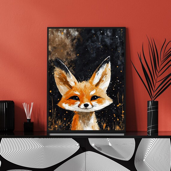 Fennec Fox Big Ears Watercolor Portrait Starry Night Wildlife Art Print