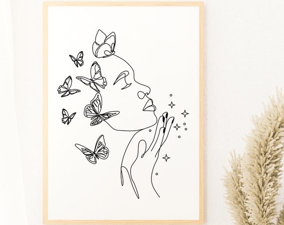 Woman With Butterfly Line Art Print Female Wall Art Minimalist Decor Woman One Line Drawing Black And White Art Wall Art