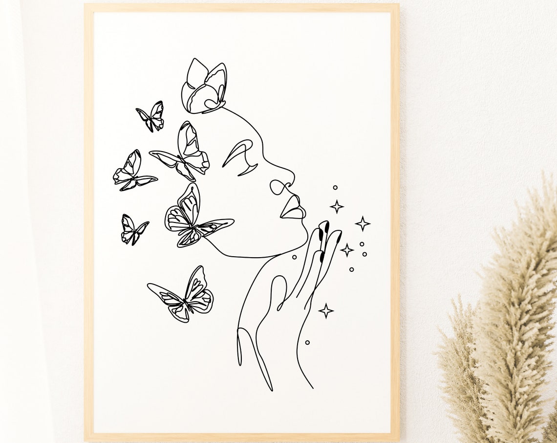 Woman With Butterfly Line Art Print Female Wall Art Minimalist Decor Woman One Line Drawing Black And White Art Wall Art