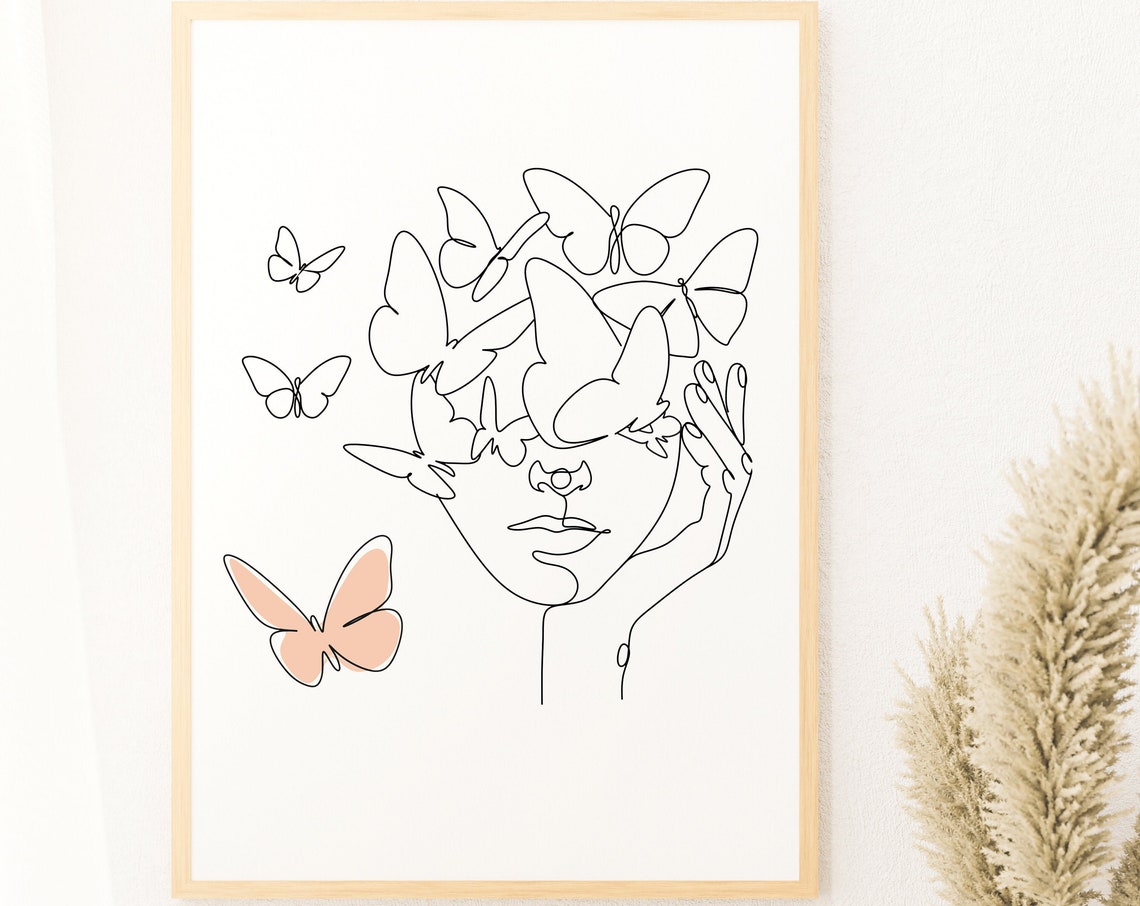 Woman With Butterfly Line Art Print Female Face One Line Drawing Minimalist Art Art Art