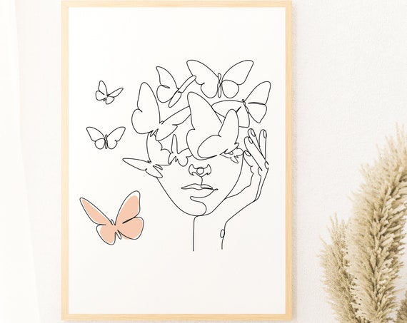 Woman With Butterfly Line Art Print Female Face One Line Drawing Minimalist Art Art Art