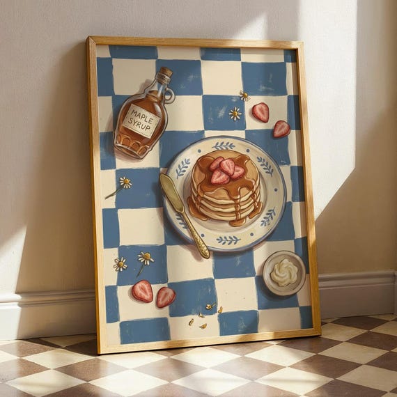 Strawberry Pancake Art Print Cottagecore Kitchen Decor Blue Gingham Breakfast Cozy Brunch Painting Vintage Food Poster Digital Download