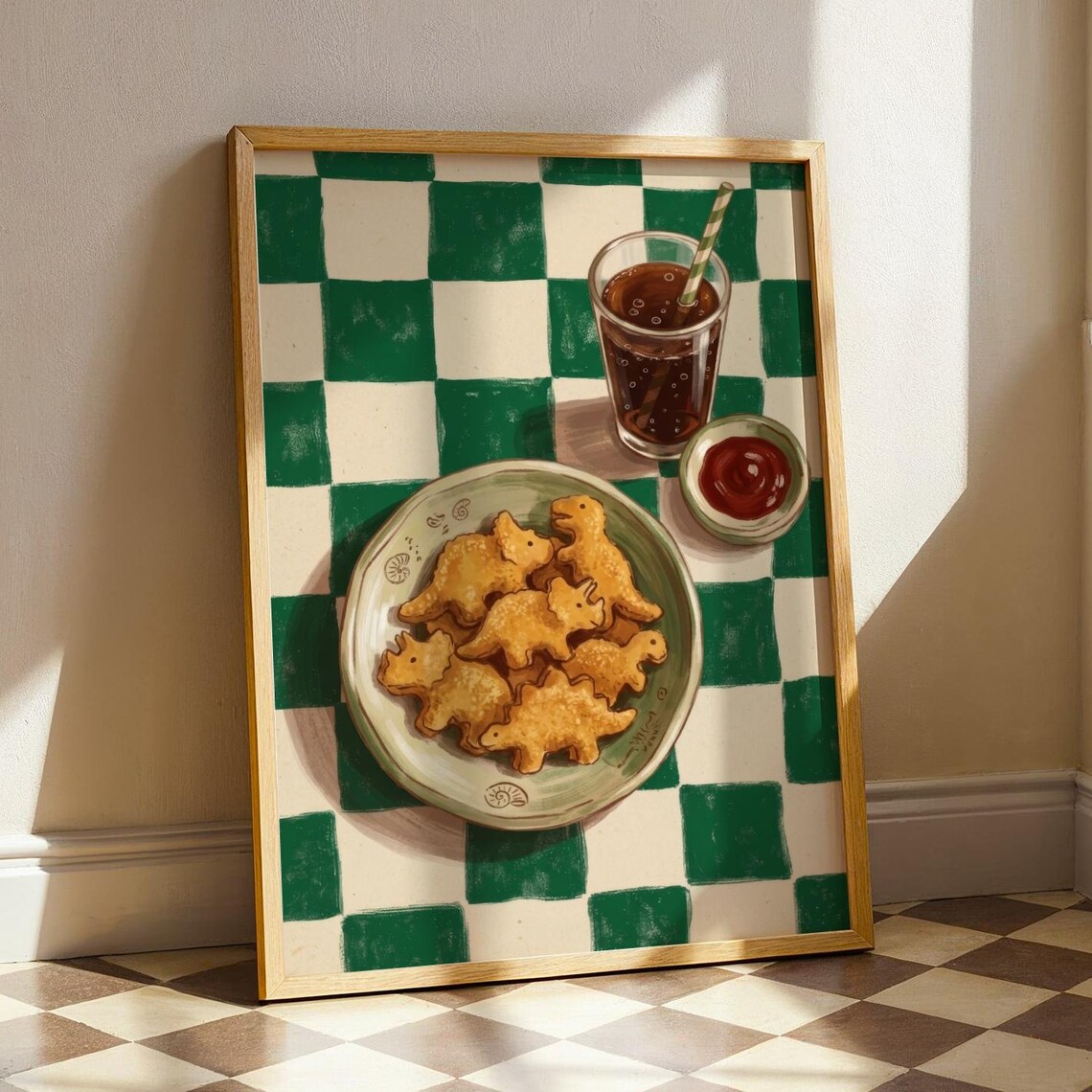 Dino Nugget Retro Diner Poster, Whimsical Still Life