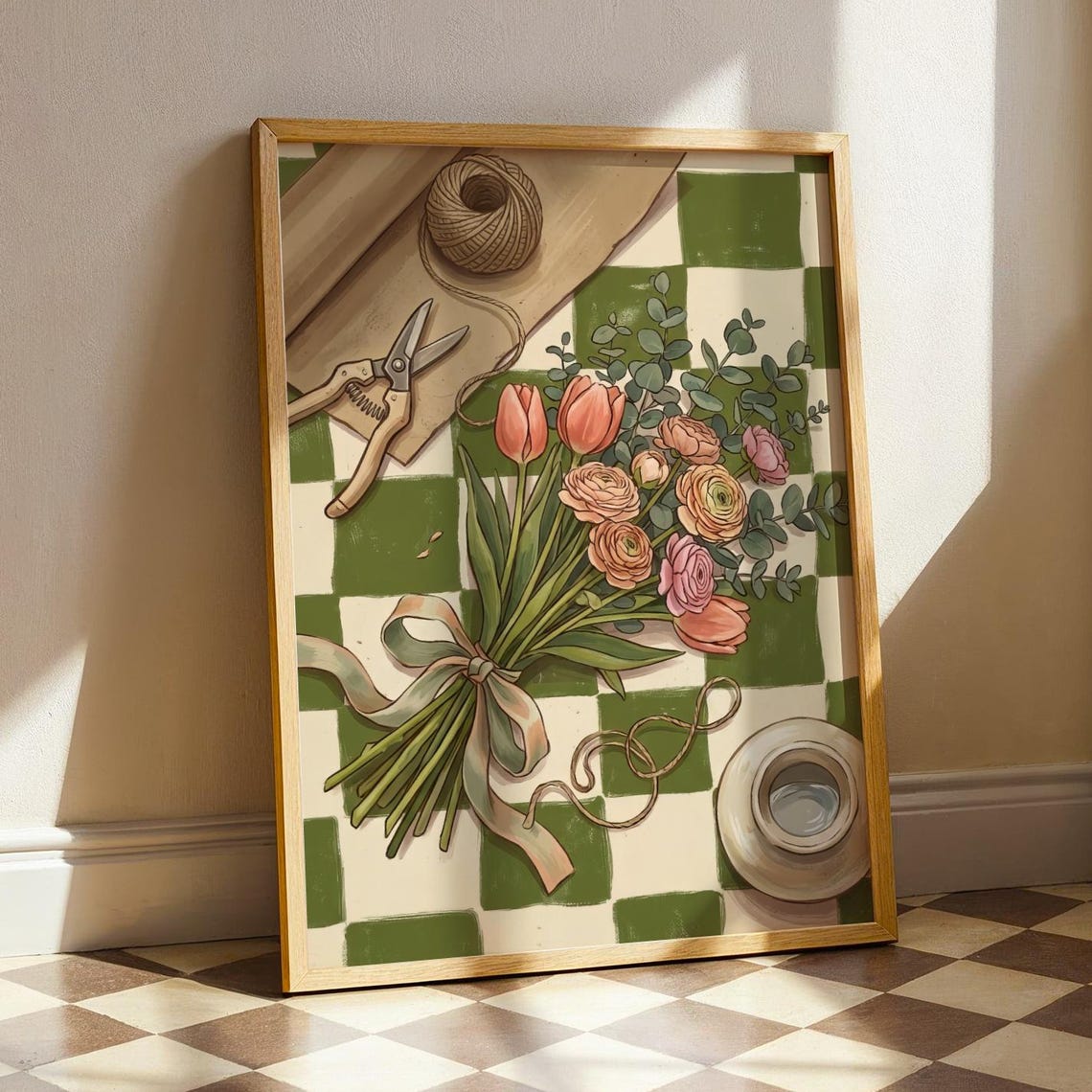 Tulip and Ranunculus Bouquet Flat Lay Floral Illustration Poster
