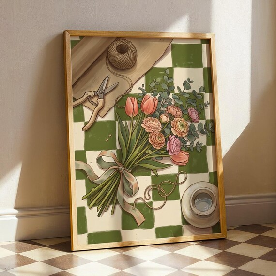 Tulip and Ranunculus Bouquet Flat Lay Floral Illustration Poster