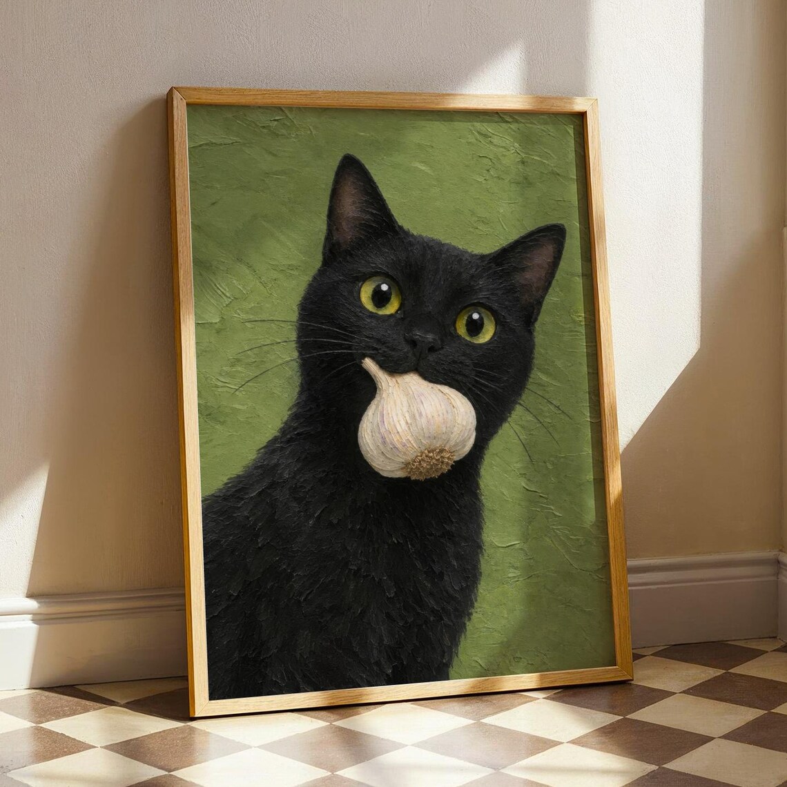 Black Cat Holding Garlic Bulb Quirky Green Background Cat Art Poster