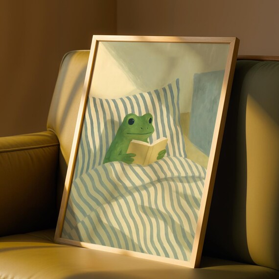 Frog Reading Book in Bed Cozy Bookish Whimsical Nursery Poster