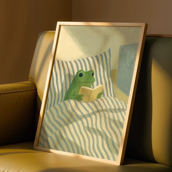Frog Reading Book In Bed Printable Cosy Bedroom Paint Bookish Illustration For Bookshelf Decor Retro Animal Nursery Digital Download