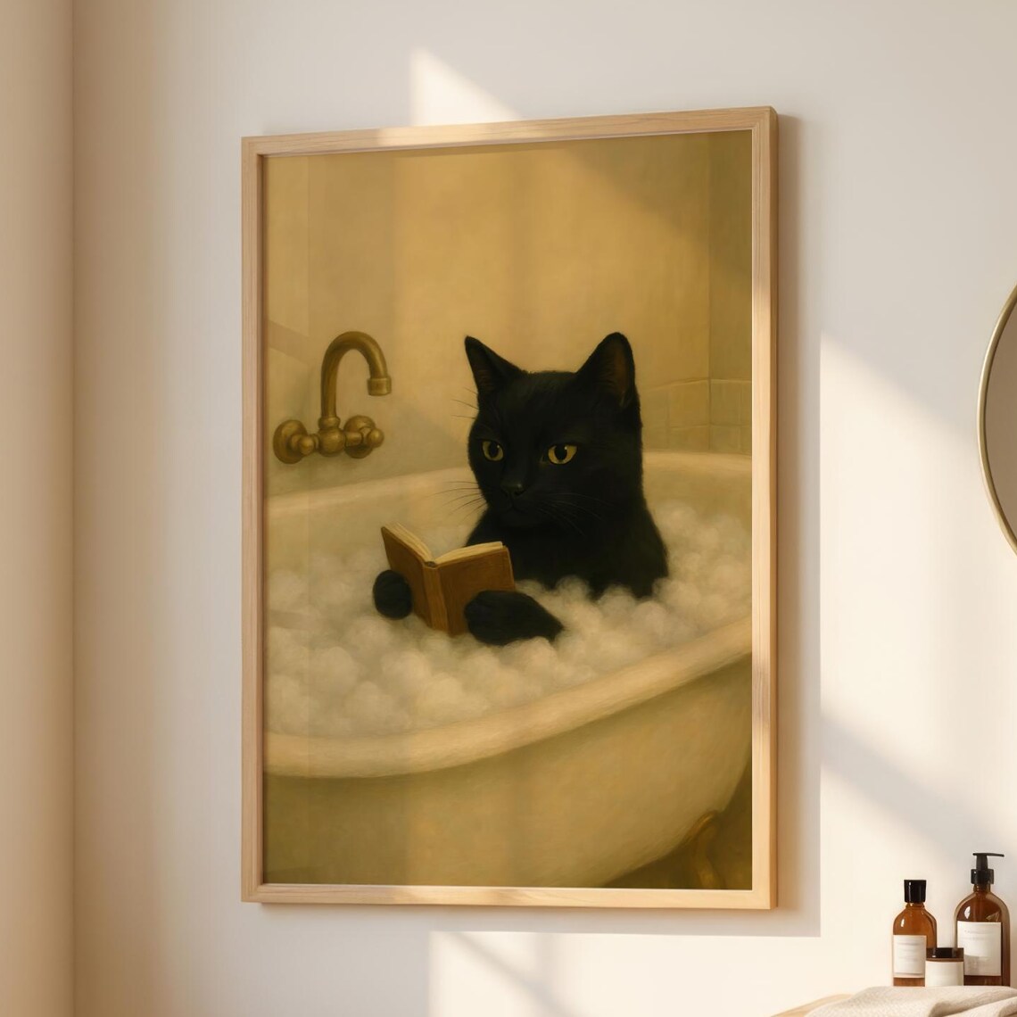 Black Cat Reading Book In Bubble Bath Cozy Funny Bathroom Cat Poster