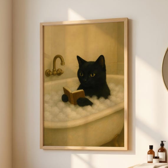 Black Cat Reading In Bath Wall Art Cozy Bathroom Decor Introvert Aesthetic Print Calm Book Lover Gift Minimal Moody Bookish Animal Poster
