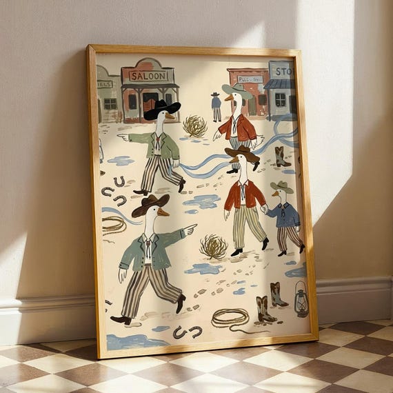 Wild West Geese Folk Art Print Whimsical Cowboy Goose Painting Vintage Storybook Western Nursery Decor Quirky Maximalist Desert Poster