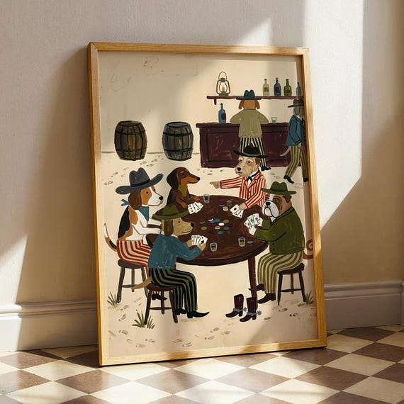 Cowboy Dog Poker Folk Art Vintage Western Animal Print Funny Saloon Dogs Poster Rustic Mid Century Bar Cart Decor Digital Download