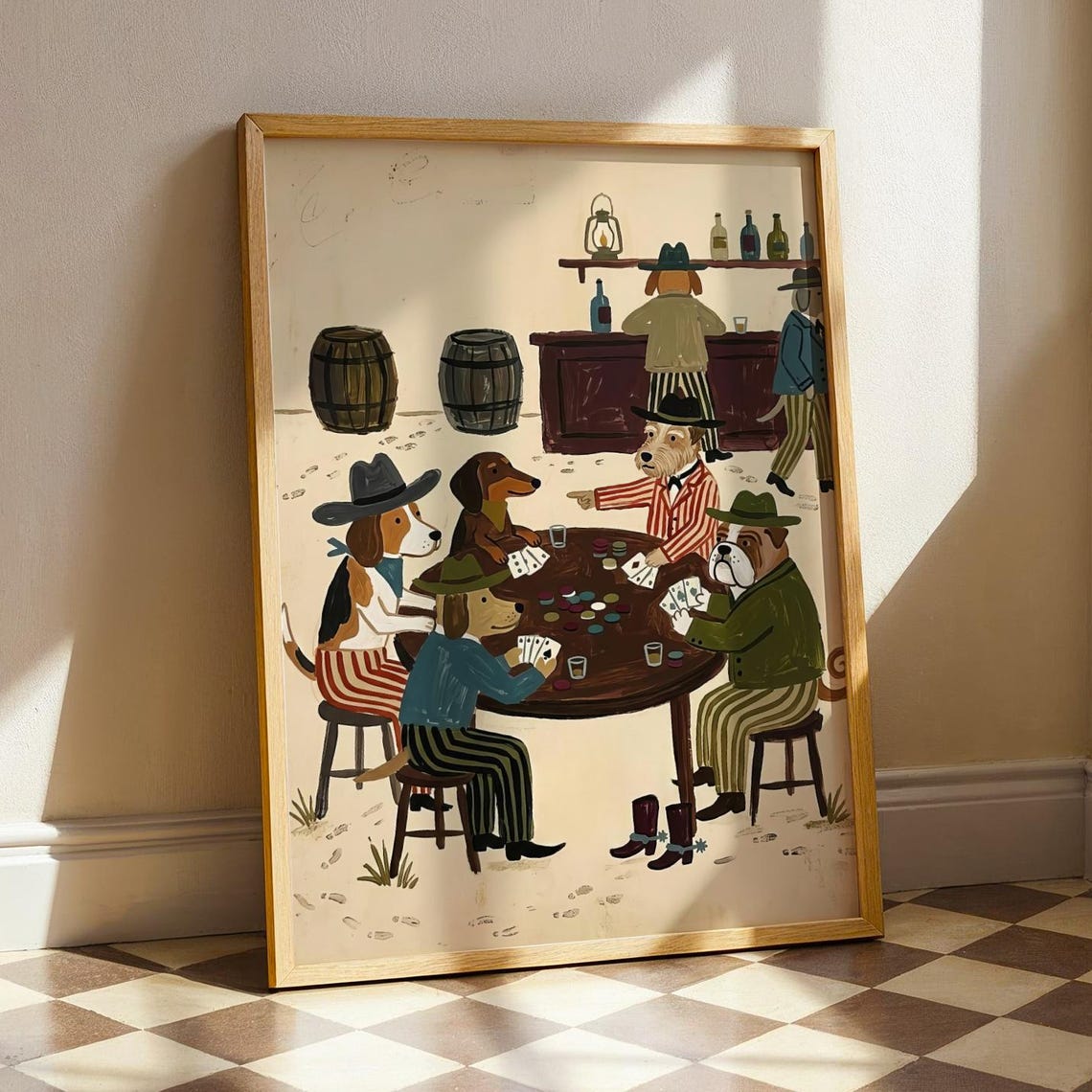Cowboy Dog Poker Folk Art Vintage Western Animal Print Funny Saloon Dogs Poster Rustic Mid Century Bar Cart Decor Digital Download