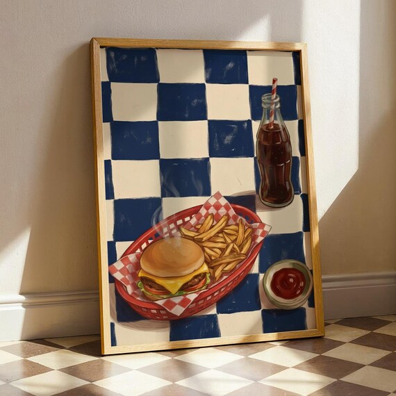 Retro Diner Burger Fries Cola Checkered Vintage American Food Poster