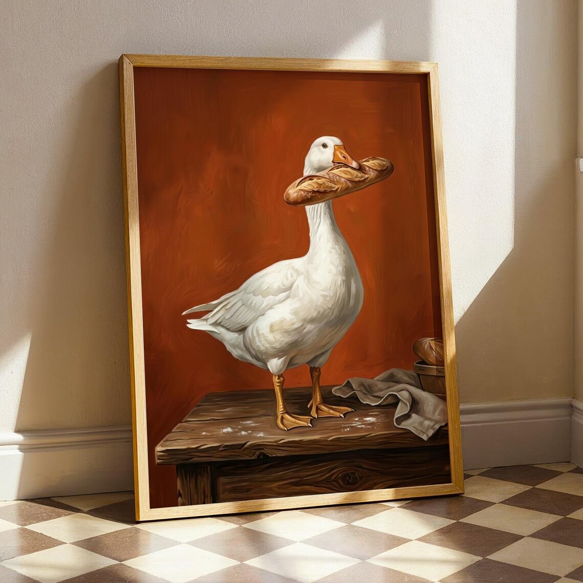Goose With Baguette Art Print, Funny French Bakery