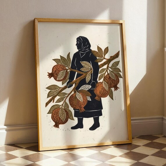 Pomegranate Branch Woman Minimalist Linocut Harvest Folk Art Print