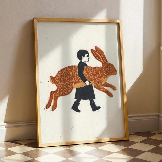 Woodland Rabbit Linocut Print Bunny Poster Whimsical Nursery Folk Art Child Carrying Block Neutral Cottagecore Gift