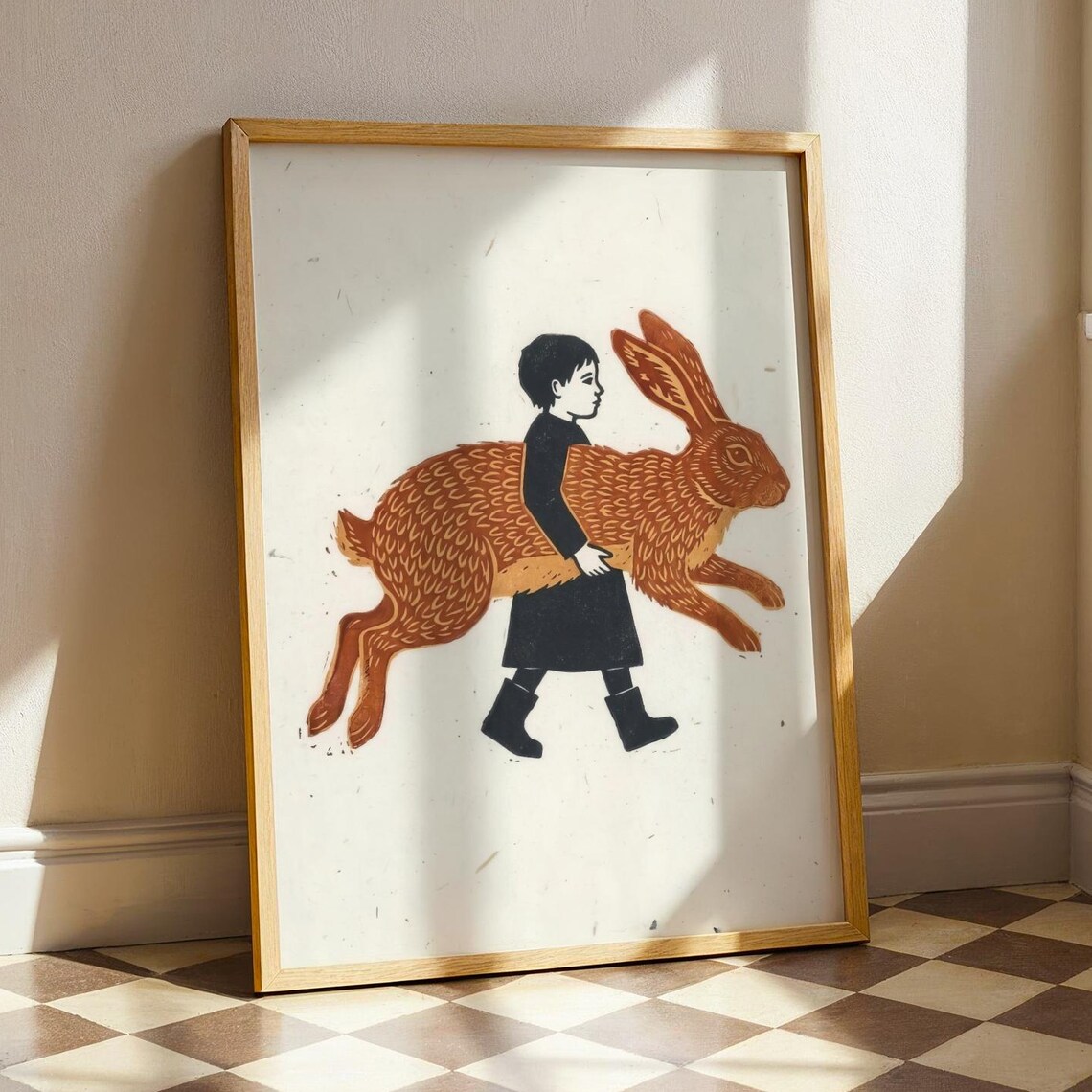 Woodland Rabbit Linocut Child Carrying Hare Whimsical Nursery Wall Art