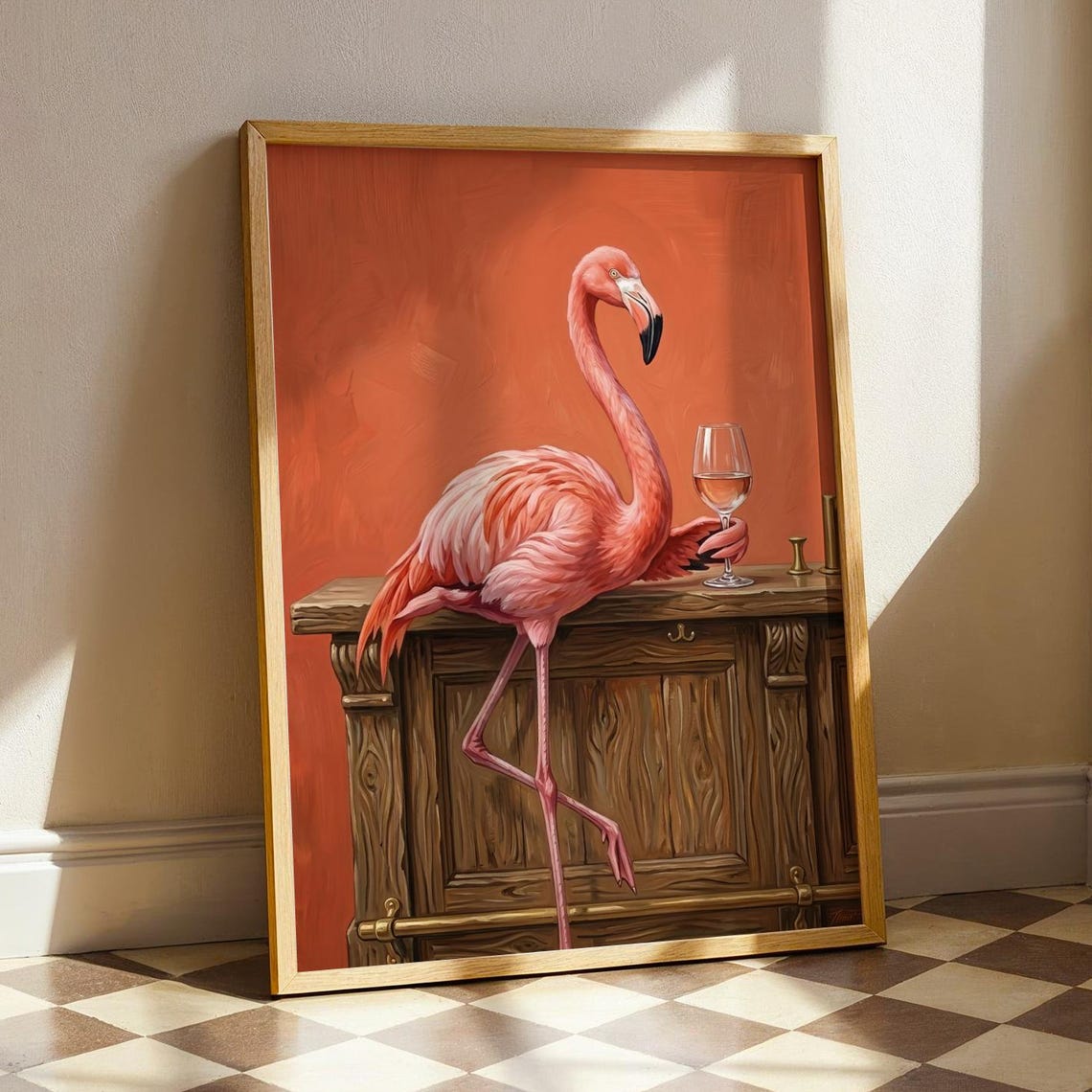 Pink Flamingo Wine Bar Poster Whimsical Orange Background Animal Art