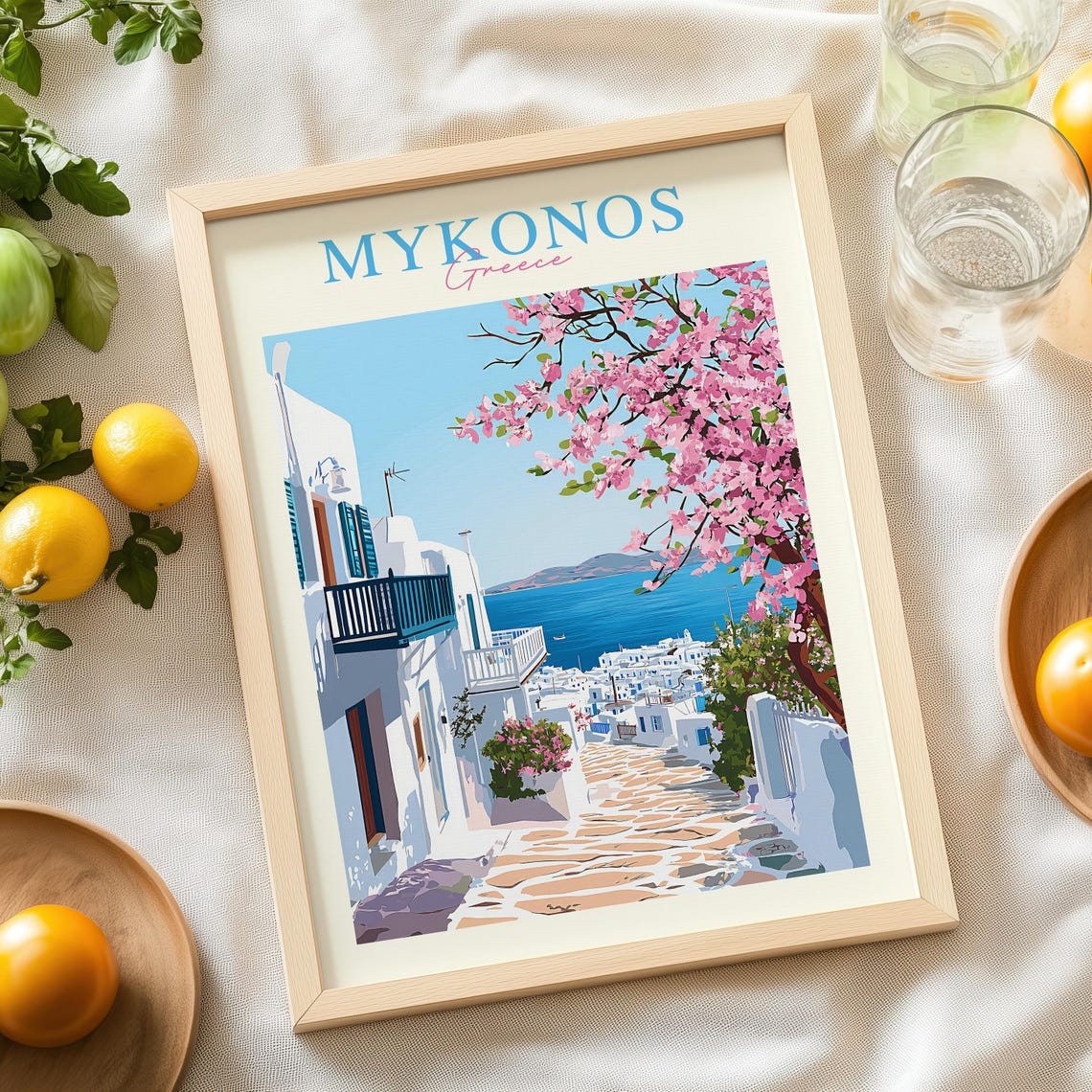 Mykonos Greece Vintage Whitewashed Lane Blossom Sea Travel Poster - Image 4