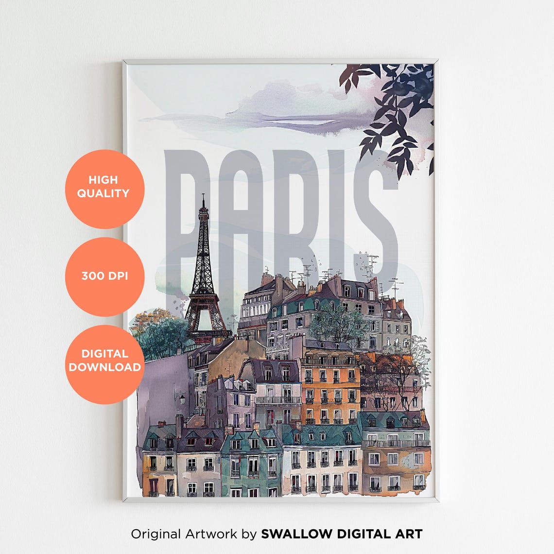 Paris Eiffel Tower Montmartre Houses Watercolor Travel Art Poster - Image 3