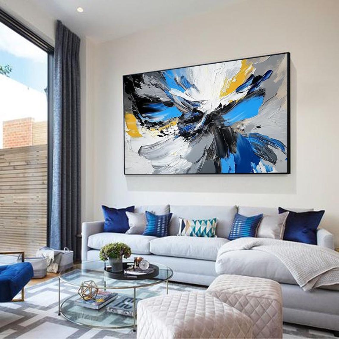 Sweeping Abstract Storm in Electric Blue Black and Gold Wall Art - Image 3