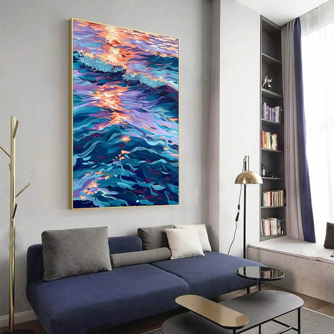 Sunset Reflections On Violet Blue Ocean Waves Vertical Art Poster - Image 2