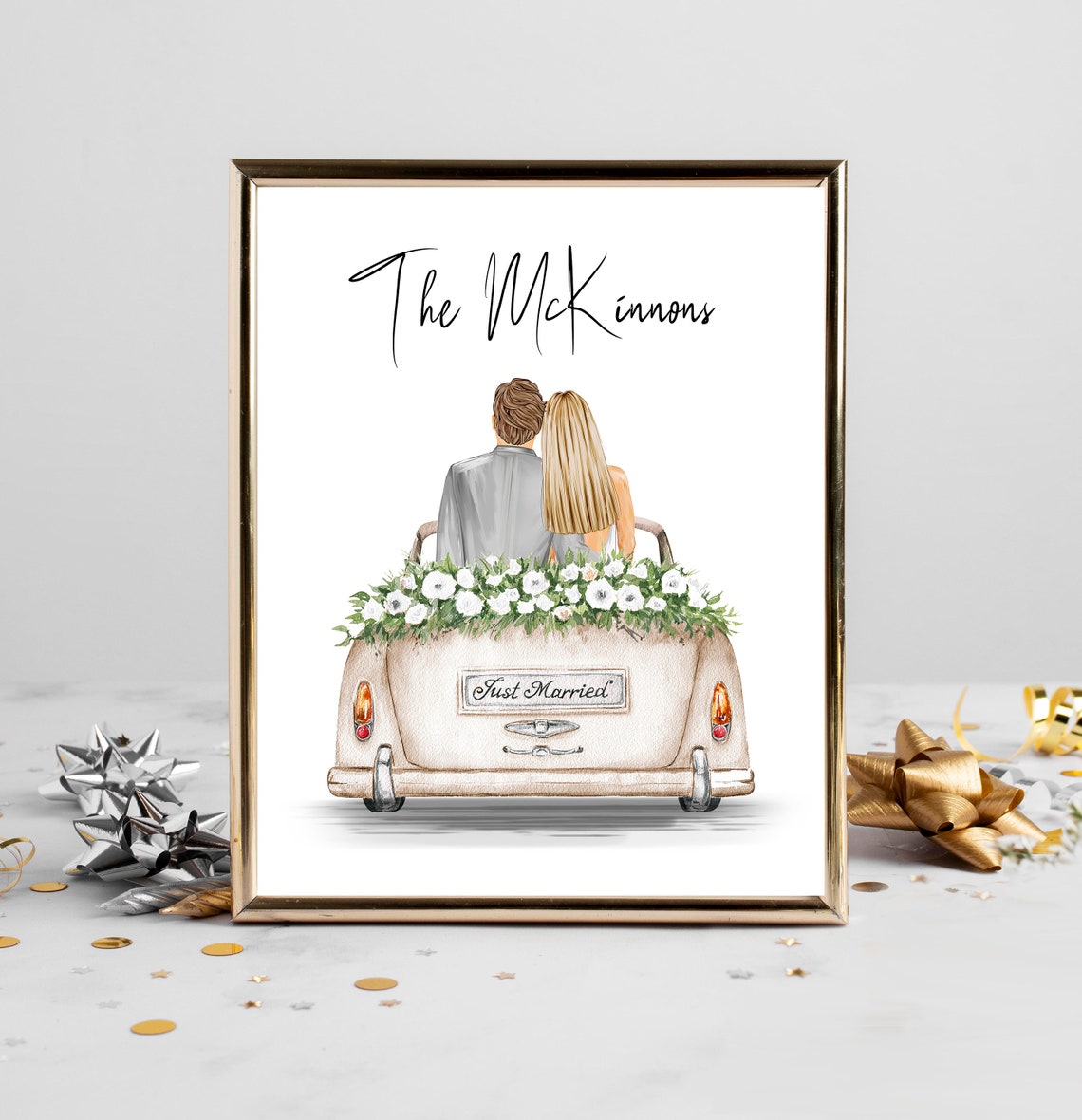 Just Married Couple In Vintage Car Newlywed Wedding Portrait Poster - Image 2