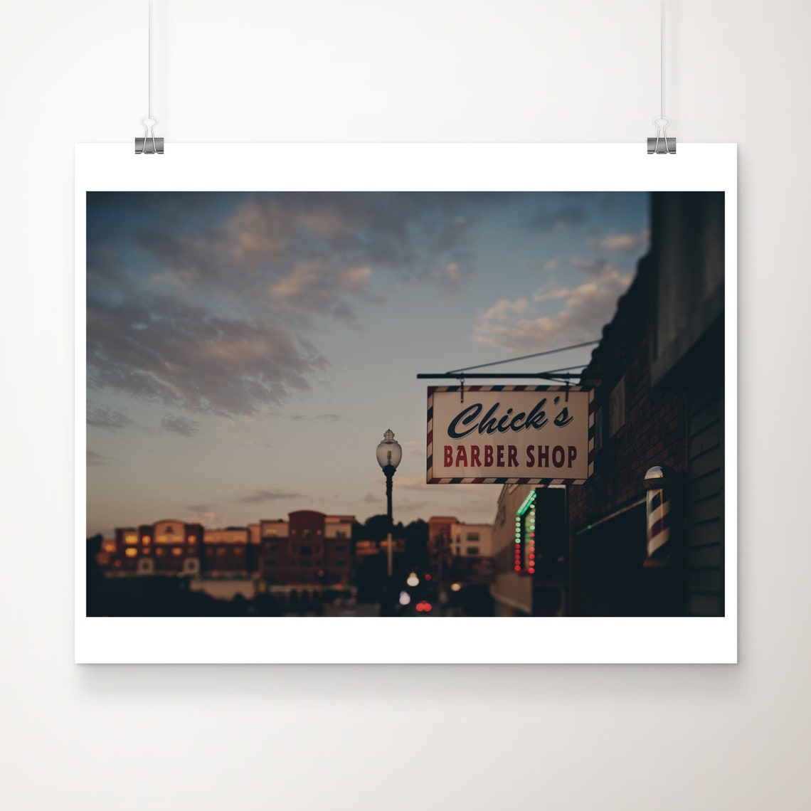 Chick's Barber Shop Sign Glowing at Sunset Americana Photo Print
