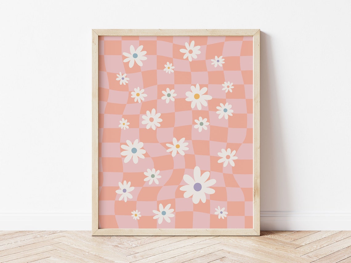 Pink Checkered Daisy Cute Retro Floral Danish Pastel Art Poster