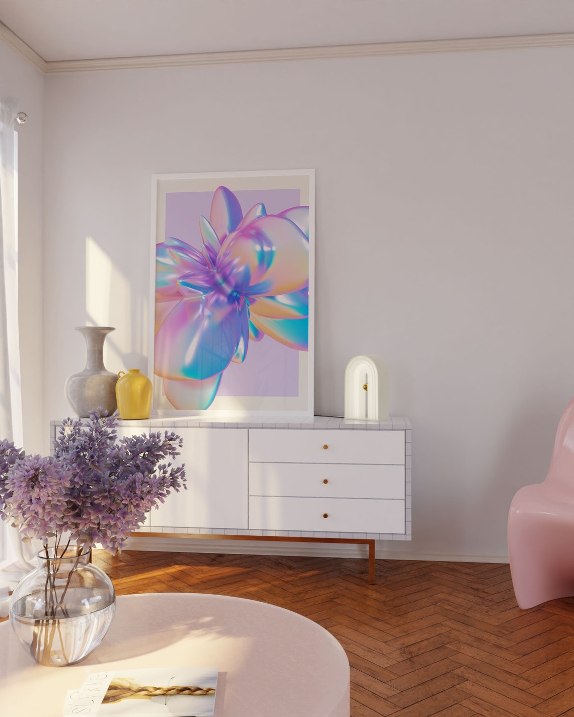 Y2K Iridescent Chrome Flower Holographic 3D Floral Abstract Art Poster - Image 3