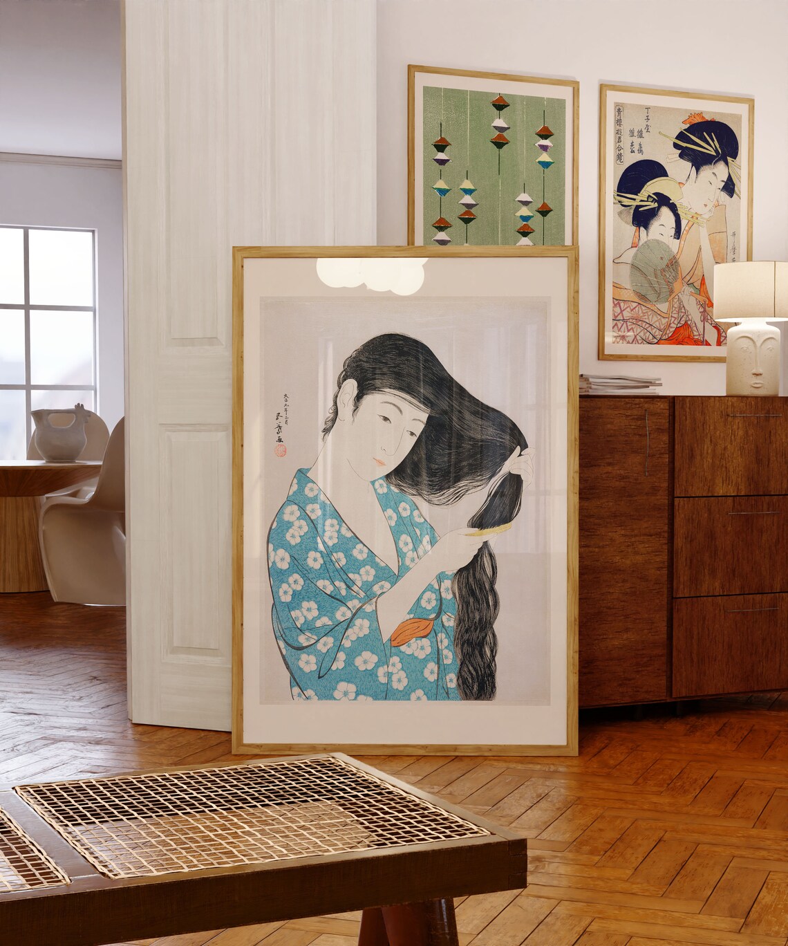 Vintage Japanese Woman Combing Long Hair Kimono Woodblock Art Poster - Image 3