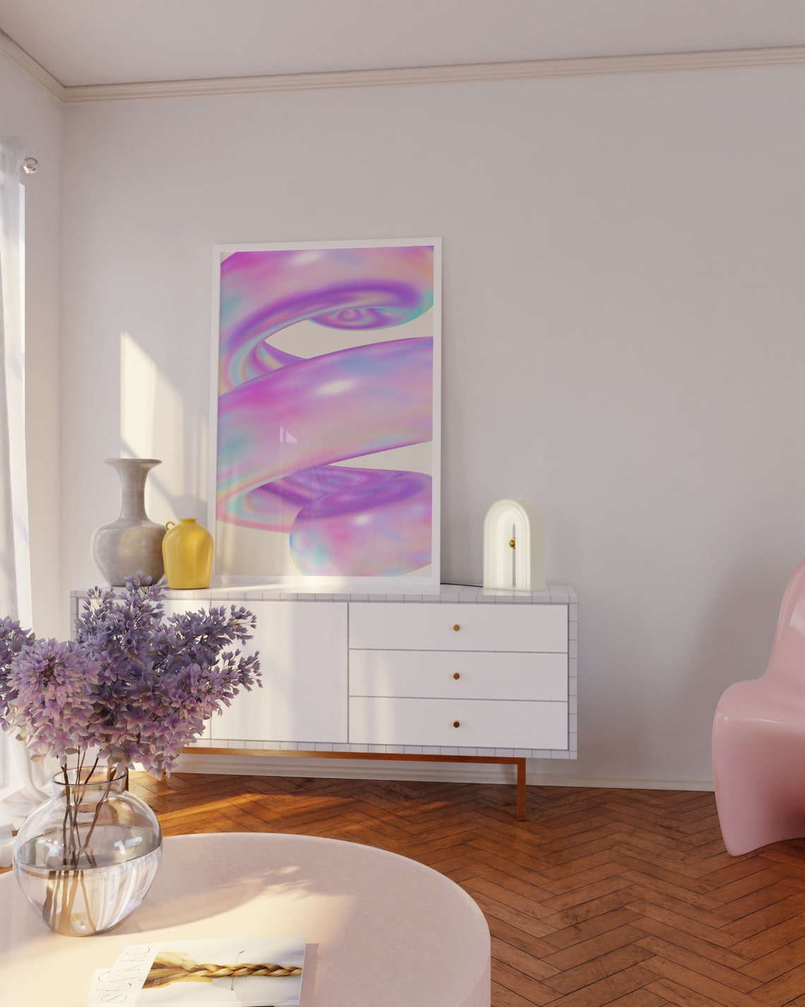 Y2K Iridescent Pink Purple Spiral Glossy 3D Swirl Abstract Art Poster - Image 3