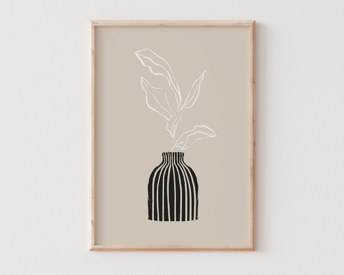 Beige Striped Vase Botanical Line Art Leaves Minimalist Wall Print