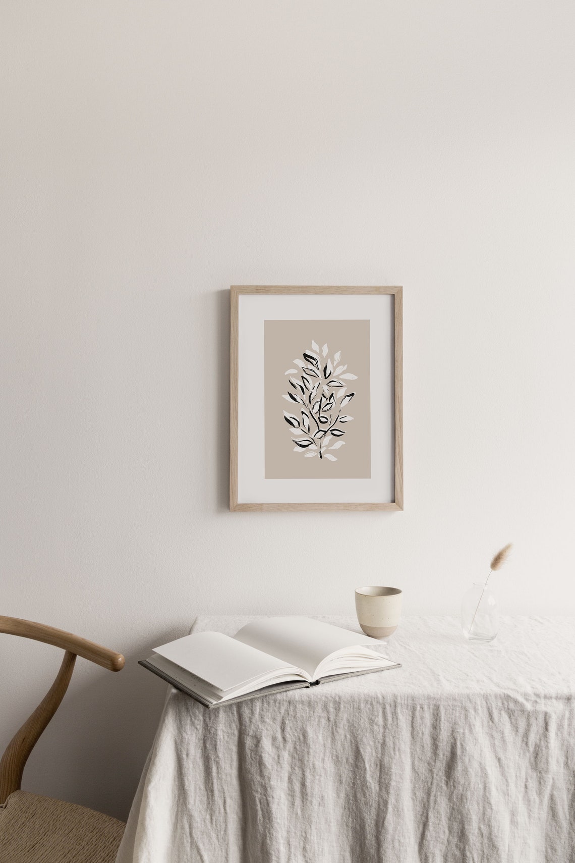 Beige Botanical Leaves Branch Minimalist Ink Sketch Wall Print - Image 2