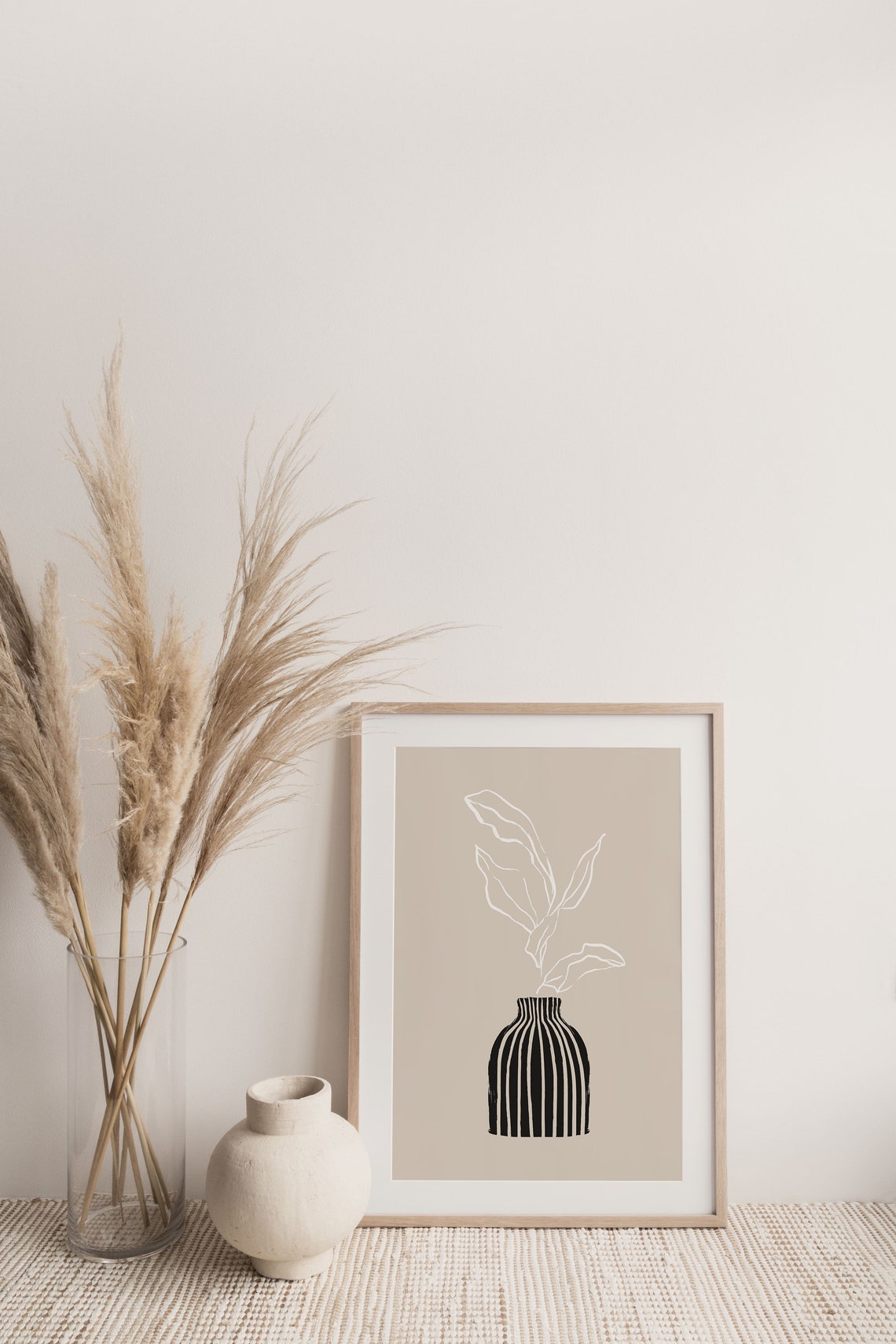 Beige Striped Vase Botanical Line Art Leaves Minimalist Wall Print - Image 3